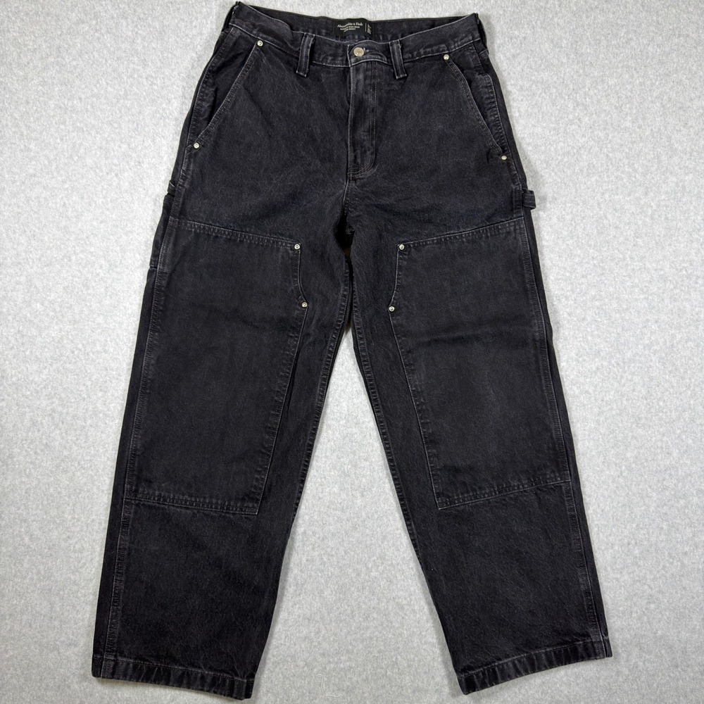 Abercrombie & Fitch Mens Ultra Baggy Carpenter Jeans Black Double Knee 31x32
